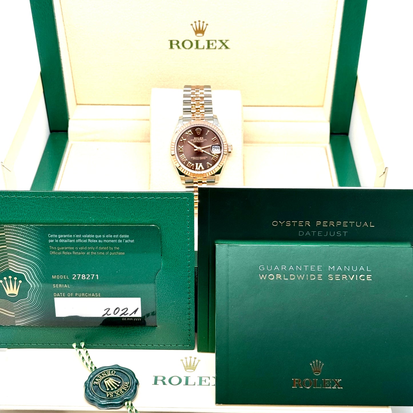 Rolex Datejust 31 / 278271 / chocolate - römisch - Diamanten / Jubilee / Full Set / 2021